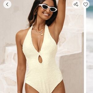 Flower Jacquard Plunge Halter One Piece Swimsuit